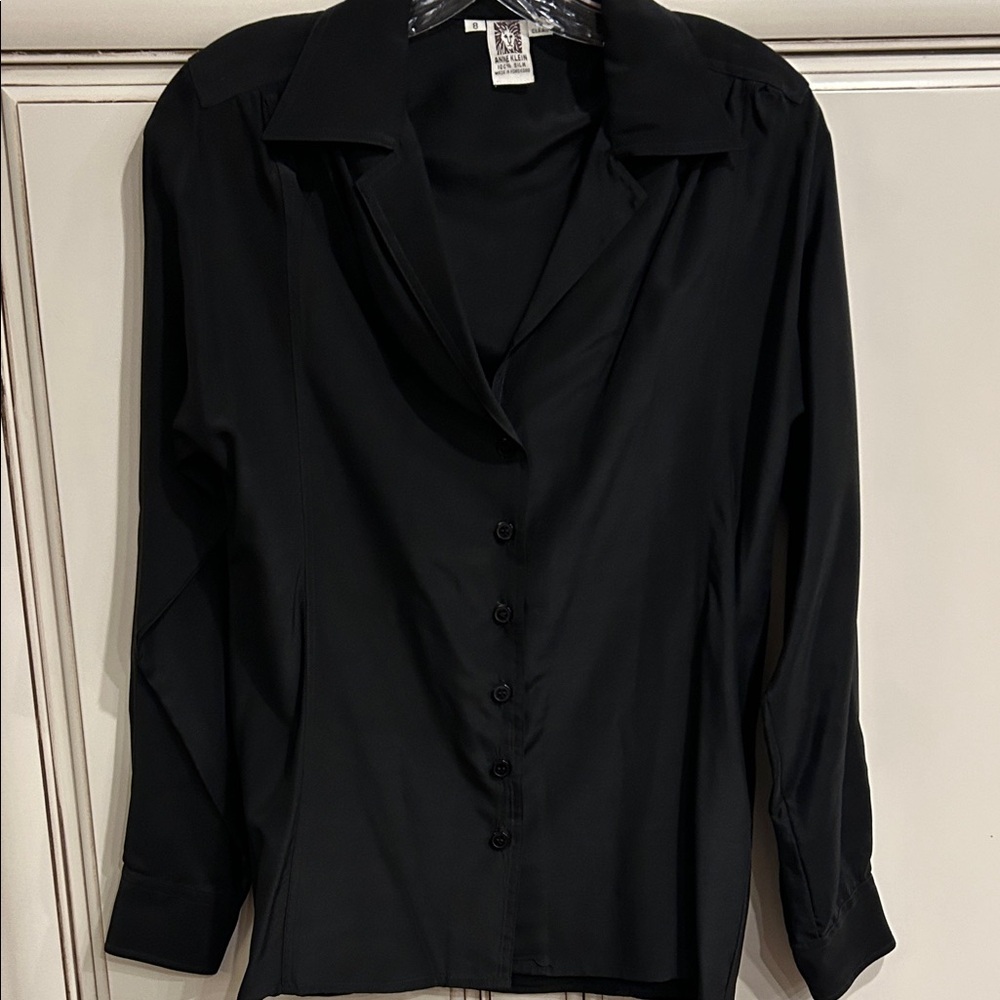 Vintage Anne Klein Classic Black Silk Button-Down Shirt